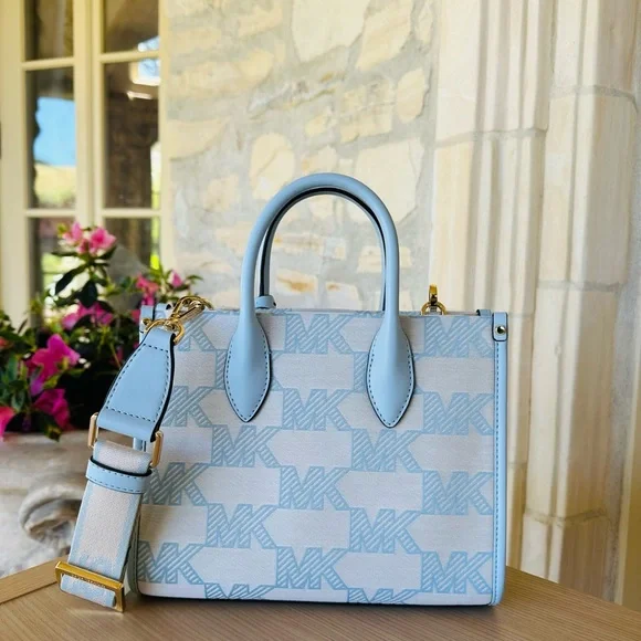 Michael Kors Mirella Graphic MK sky blue satchel Handbag&wallet NWT Authentic - Picture 5 of 14